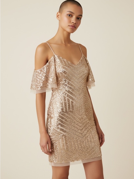 Vince Camuto Dresses & Skirts - Vince Camuto Champagne Sequin Cold-Shoulder Mini Dress 8